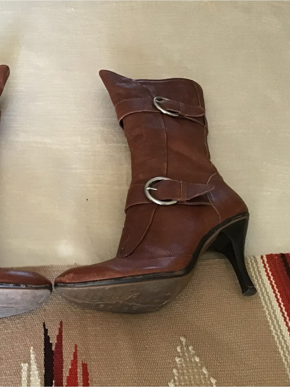 Gianni Bini Brown Leather Mid-Calf Buckle Heeled Boots